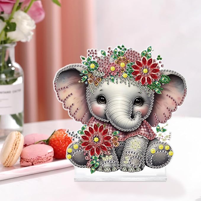Tontut Diamond Painting Desktop Decoration, Flower Elephant 5D DIY Special Diamond Art Decoration Kits for Adults, Office Desktop or Christmas Holiday Arrangement Crafts