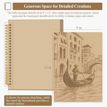 SuFly Toned Tan Sketchbook 9x12 Inches, 60 Sheets - 90lb/150gsm Toned Tan Sketch Paper for Mixed Media, Charcoal, Graphite, Colored Pencils & White Gel Pens, 100% Recycled, Wire-O Bound.