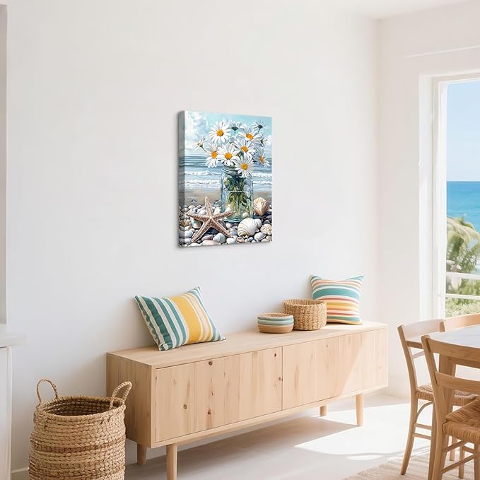 WENGTIAO Blue Beach Bunch of Flowers Canvas Wall Art Ocean Stones Paintings White Flowers in Full Bloom Wall Picture Canvas Print Artwork Wall Decor for Dining Office Living Room Bedroom 16"x24"