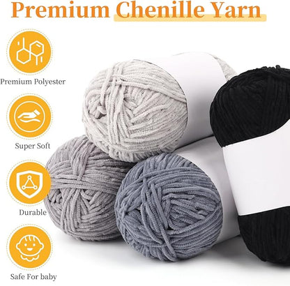 Coopay Skinny Chenille Yarn for Crocheting and Knitting, 12 Pack of 50g/1.76oz - 1764yd Total, Soft Fluffy Crochet Yarn of Baby Weights - Suitable for Baby Blankets, Plush Toys - (Black and Grey)