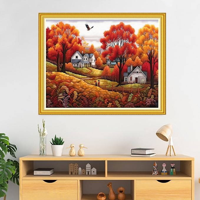 DMCVIVR Stamped Cross Stitch Kits for Beginners Adults Needlepoint Kits for Beginners Embroidery Kits for Adults Crossstitch Kit for Beginners 11CT-Harvest in Late Autumn 16x20 inch