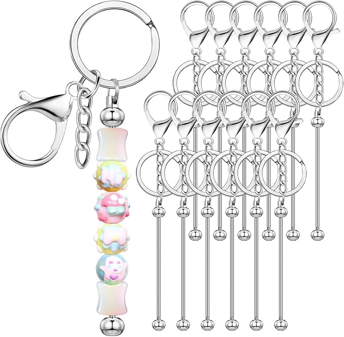 12 PCS Beadable Keychain Making Kit,Key Chain Keyrings for Jewelry Making,Car Bag Purse Charms Key Chains Bulk Metal Blank Bars,DIY Supplies Christmas Gifts for Women Men Crafts Custom Projects Silver