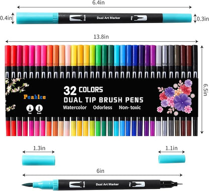 Peablce Art Markers Brush Pen, Markers for Adult Coloring Books No Bleeding,32 Colored Pens Fine Point Highlighter Pen & Brush for Adult Coloring Journaling Note Taking Planner