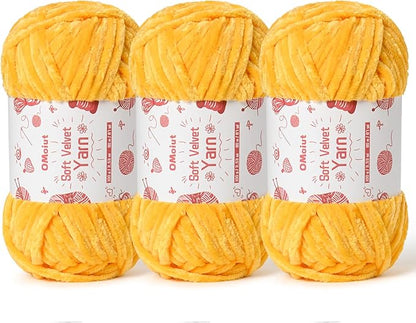 3x100g Fluffy Velvet Chenille Yarn for Crocheting and Knitting, 3x87.4yd Baby Yarn for Crocheting Soft, Crochet Chunky Yarns Amigurumi Yarns (Golden Yellow)