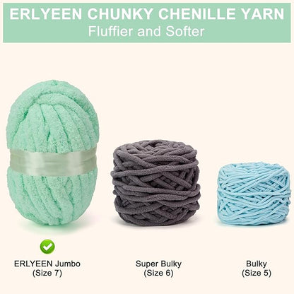 ERLYEEN Chenille Chunky Yarn Super Bulky Soft Thick Fluffy Jumbo Giant Washable Polyester Big Yarn DIY for Arm Knit Blanket Cushion Bed Sofa Home Decor,Mint Green,1.1LB