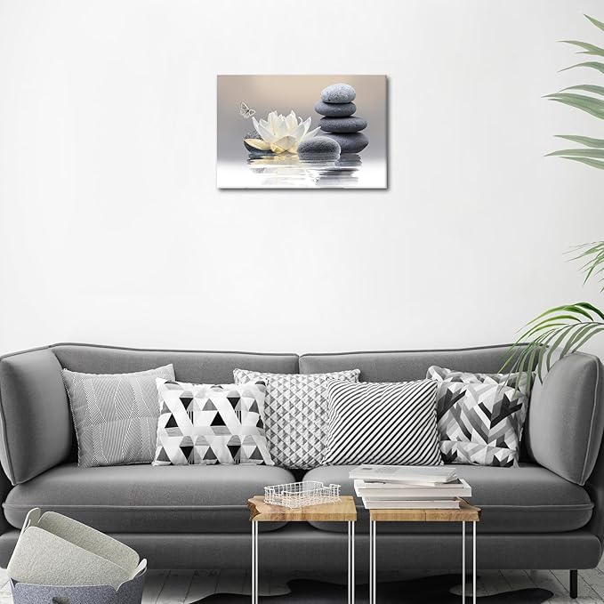 Zen Stone Framed Canvas Wall Art, White Flower and Yellow Butterfly on Lake Wall Paintings for Bathroom Living Room Bedroom Modern Spiritual Yoga Spa Canvas Prints Picture Wall Decor Artwork 12x16 inch