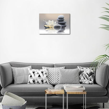 Zen Stone Framed Canvas Wall Art, White Flower and Yellow Butterfly on Lake Wall Paintings for Bathroom Living Room Bedroom Modern Spiritual Yoga Spa Canvas Prints Picture Wall Decor Artwork 12x16 inch