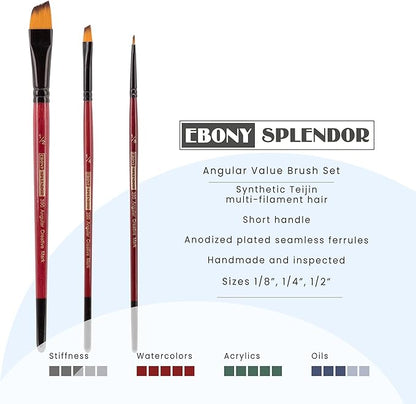 Creative Mark Ebony Splendor Short-Handle Synthetic Sable Paint Brush, Angular Set of 3, Teijin Multi