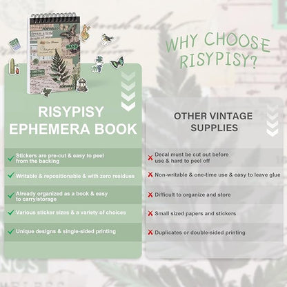 RISYPISY Pre-Cut Vintage Washi Journaling Sticker Book for Scrapbooking, 476PCS Green Scrapbooking Supplies, Ephemera for Junk Journal Supplies Crafts Arts, Dark Academia Stickers for journaling