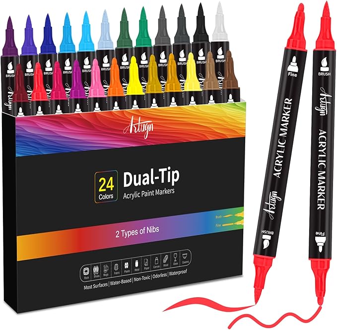 Artugn 24 Colors Acrylic Paint Pens, Dual Tip Markers for Rock, Ceramic, Wood, Plastic, Calligraphy, Scrapbooking, Card Making, Stocking Stuffers, Christmas Gifts for Teens DIY Crafts