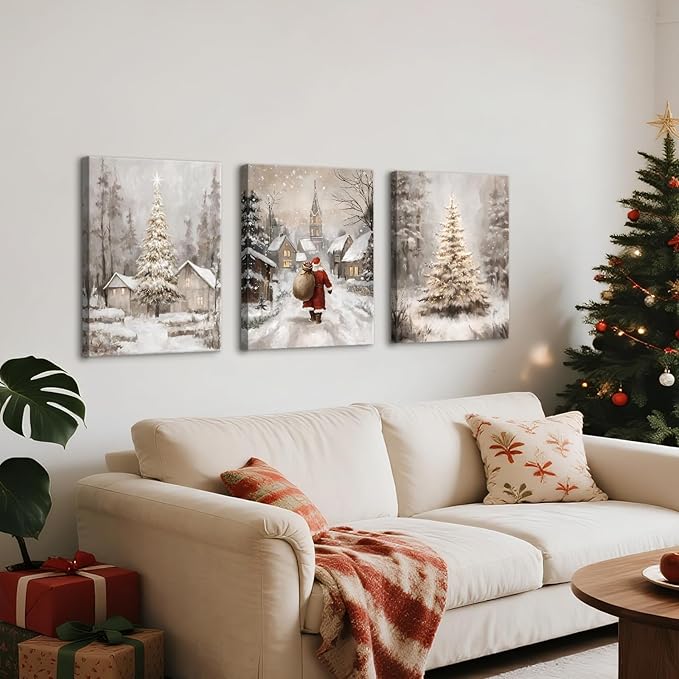 3Pcs Winter Snow Scene Canvas Wall Art for Bedroom, Christmas Pine Trees Landscape Wall Picture Retro Cabin Snowy Canvas Art Prints Painting Country Nature Wall Decor for Living Room Kitchen 20"x28"X3