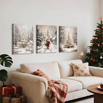 3Pcs Winter Snow Scene Canvas Wall Art for Bedroom, Christmas Pine Trees Landscape Wall Picture Retro Cabin Snowy Canvas Art Prints Painting Country Nature Wall Decor for Living Room Kitchen 20"x28"X3