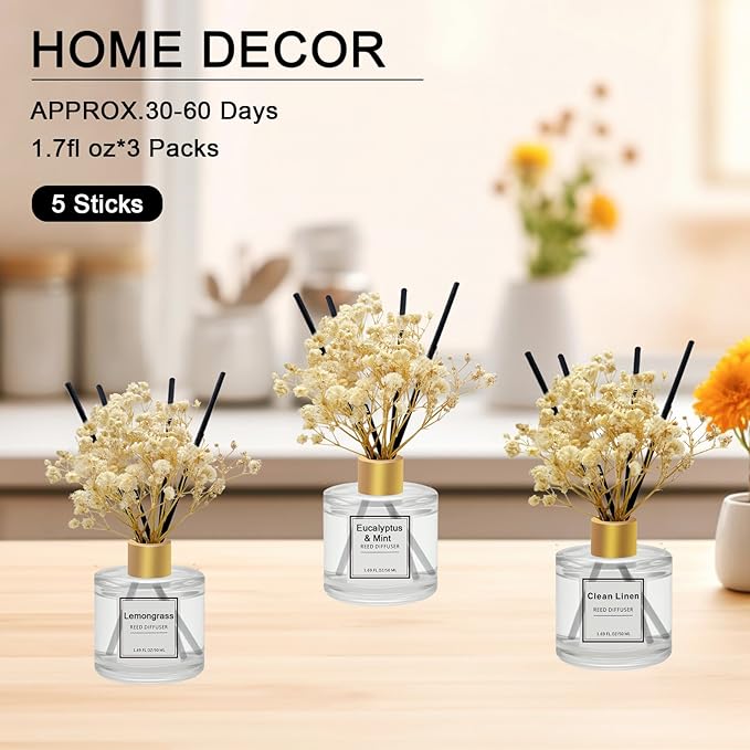 POWSHELF Reed Diffuser Set of 3 Pack,50ML Clean Linen Lemongrass Eucalyptus & Mint Scented Oil Diffuser with 5 Sticks,Home Fragrance Reed Diffuser for Bedroom Bathroom Office