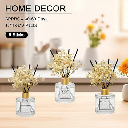POWSHELF Reed Diffuser Set of 3 Pack,50ML Clean Linen Lemongrass Eucalyptus & Mint Scented Oil Diffuser with 5 Sticks,Home Fragrance Reed Diffuser for Bedroom Bathroom Office