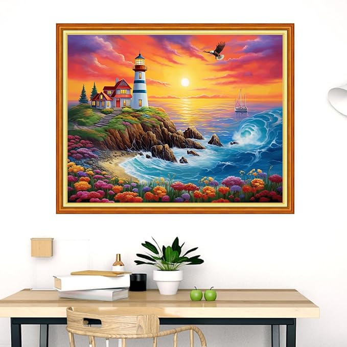 Dooxvey Cross Stitch Kits for Adults Stamped Full Range of Embroidery Starter Kits for Beginners 11CT Printed Cross Stitch Patterns Needlepoint Kits Stamped Crossstitch-Seaside Lighthouse 16x20inch