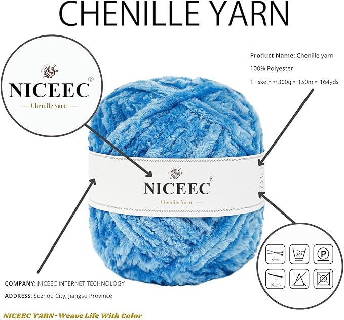 NICEEC 300g Soft Chenille Yarn Blanket Velvet Yarn for Knitting, Crochet, Weaving DIY Craft Total Length 150m (164yds)_Blue