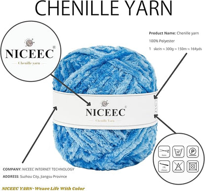 NICEEC 300g Soft Chenille Yarn Blanket Velvet Yarn for Knitting, Crochet, Weaving DIY Craft Total Length 150m (164yds)_Blue