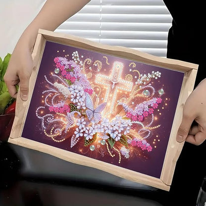 DoxQcs DIY Diamond Art Wooden Tray Kit Easter Food Tray with Handle Diamond Painted Table Decoration Tray for Breakfast Bar Dinner Table Diamond Art Painting for Beginners-#14-Glowing Cross