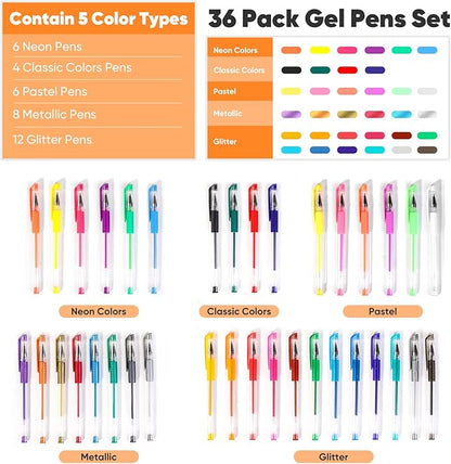 Taotree Glitter Gel Pens, 36 Color Neon Glitter Pens Fine Tip Art Markers Set 40% More Ink Colored Gel Marker for Coloring Book, Drawing, Coloring, Scrapbook, Journaling, Sparkle Easter Gifts