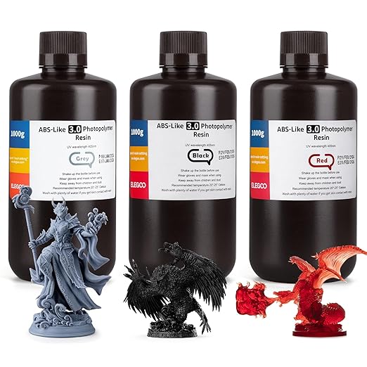 ELEGOO ABS-Like 3D Printer Resin 3.0, 405nm UV-Curing Photopolymer Resin for Mars Saturn Jupiter MSLA DLP LCD 3D Printers with Strength and Toughness, High Precision, Grey + Black + Clear Red (3000g)