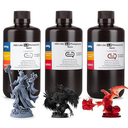 ELEGOO ABS-Like 3D Printer Resin 3.0, 405nm UV-Curing Photopolymer Resin for Mars Saturn Jupiter MSLA DLP LCD 3D Printers with Strength and Toughness, High Precision, Grey + Black + Clear Red (3000g)