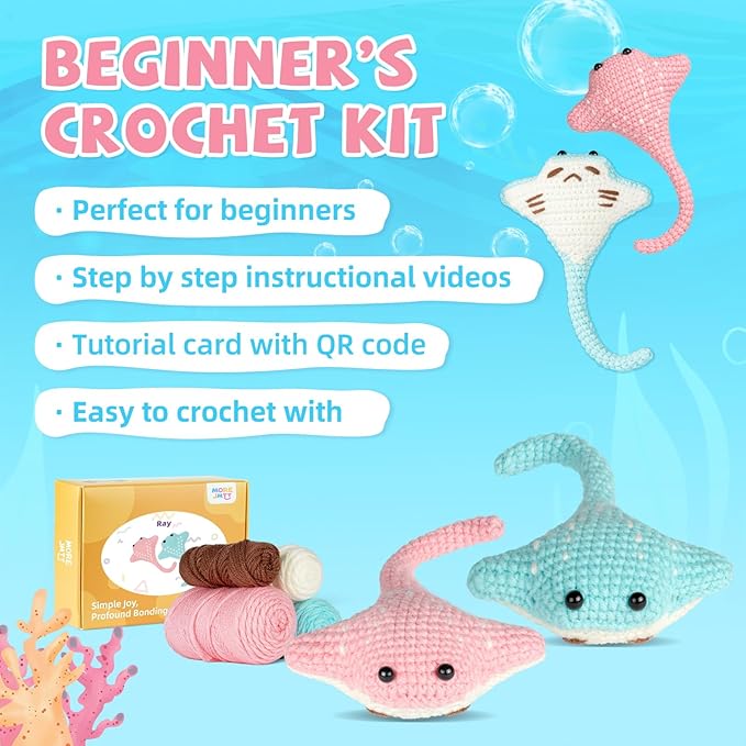 MOREJMTT Crochet Kit for Beginners, Crochet Animal Kits,Crocheting Kit for Starters with Step-by-Step Video Tutorials, Beginner Crochet Kits for Adults(2pack Ray Fish)