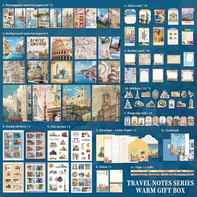 icceemee Scrapbooking Supplies Kit, Travel Diary Theme Scrapbooking Kit for Bullet Junk Journaling, Stationery, A6 Grid Notebook, Flower DIY Journaling Supplies, Birthday Craft Gift for Teen Girls