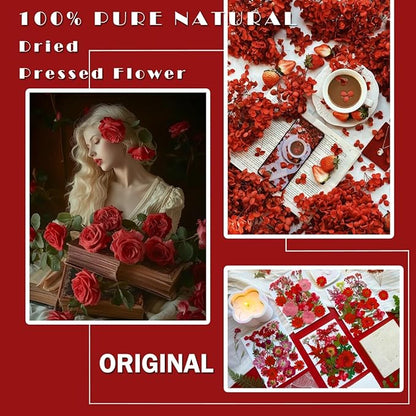 88Pcs Red Dried Pressed Flowers for Resin Molds, Assorted Real Natural Bulk Dry Floral Leaves for DIY Art Crafts, Epoxy Jewelry, Candle, Soap Making, Nails Decors