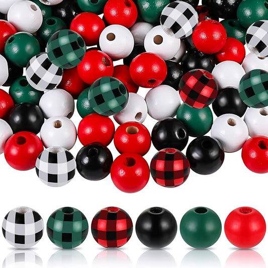 200 Pieces Christmas Wooden Beads for Crafts Xmas Red Buffalo Plaid Colorful Wood Spacer Beads Rustic Farmhouse for DIY Crafts Garland Home Decor