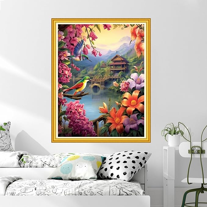 DMCVIVR Stamped Cross Stitch Kits for Beginners Adults Needlepoint Kits for Beginners Embroidery Kits for Adults Crossstitch Kit for Beginners 11CT-Flower Birds 16x20 inch