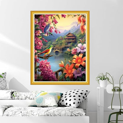 DMCVIVR Stamped Cross Stitch Kits for Beginners Adults Needlepoint Kits for Beginners Embroidery Kits for Adults Crossstitch Kit for Beginners 11CT-Flower Birds 16x20 inch