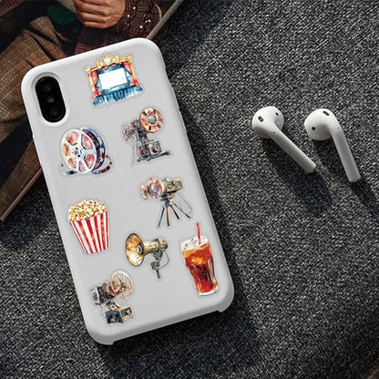 50 Pcs Vintage Movie Projector Stickers Clear Film Camera Retro Cinema Aesthetic Scrapbook Decals Waterproof PET Stickers for Journals Laptops Notebooks Art Crafts