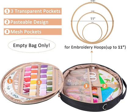 | Round Embroidery Bag(Empty) - Embroidery Storage Bag -Cross Stitch Supplies Organizer with Multiple Pockets for Embroidery Kits, Cross Stitch Suppliers, Embroidery Floss (Bag Only)