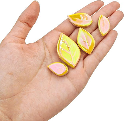 500g/1.1lb Leaf-Shaped Ceramic Mosaic Tiles,Ceramic Mosaic Pieces for Crafts,Mosaic Tiles for Home Decoration or DIY Crafts,Mosaic Making Supplies. (Iridescent Yellow)