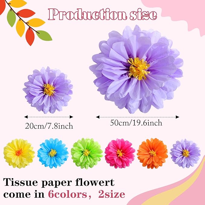 12 Pcs 10" 20" Giant Mexican Fiesta Paper Flowers Colorful Tissue Crepe Flowers Pom Poms Craft for Floral Party Backdrop Wedding Birthday Party (Cool Color)