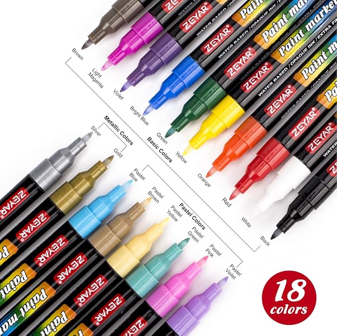 ZEYAR Premium Acrylic Paint Pen, Water Based, Extra Fine Point, 18 Colors, Odorless, Acid Free and Safe, Opaque Ink, Environmental Friendly, AP Certified
