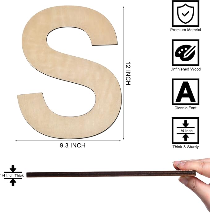 12 Inch Wooden Letter S, 1/4 Inch Thick Large Unfinished Wood Letter for Home Wall Decor, DIY Crafts