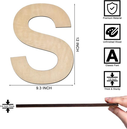 12 Inch Wooden Letter S, 1/4 Inch Thick Large Unfinished Wood Letter for Home Wall Decor, DIY Crafts