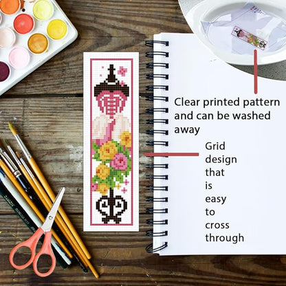 ORIGACH 6 Pcs Cross Stitch Bookmark Kit for Beginner Adults, Mannequin with Flowers Stamped Embroidery Bookmark Kit with Instruction for Starters Printed Cross Stitch DIY Kits for Book Lovers