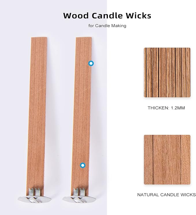 Ziosxin 50 Set Candle Wick, Thicken Smokeless Cherry Wood Wicks for Candles-Long Lasting Flame-Easily Burn, Candle Cores with Stand and Glue Dot, Candle Wicks for Candle Making