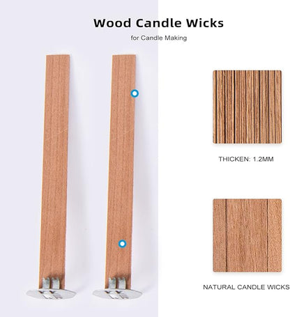 Ziosxin 50 Set Candle Wick, Thicken Smokeless Cherry Wood Wicks for Candles-Long Lasting Flame-Easily Burn, Candle Cores with Stand and Glue Dot, Candle Wicks for Candle Making