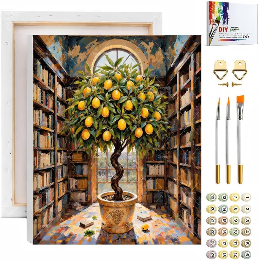 Sceorixa Plant Paint By Numbers Kit for Adults - DIY Lemon Tree in Library Painting On Canvas, Acrylic Paint Set, Suitable for Beginners, Wall Decor Art for Home Decoration Or Gifts(16X20IN Framed) by Unknown