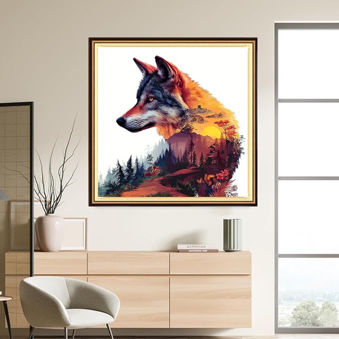DMCVIVR Stamped Cross Stitch Kits for Adults Beginners Embroidery Kits 11CT Needlepoint Kits Cross Stitch Patterns Embroidery Patterns-Abstract Landscape Wolf 18x18 inch