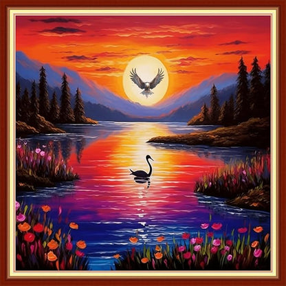 Joyhoor Stamped Cross Stitch Kits for Beginners Needlepoint Kits for Adults Embroidery Kits 11CT Counted Cross Stitch Kits Printed Embroidery Pattern-Sunset Scenery 18x18 inchs
