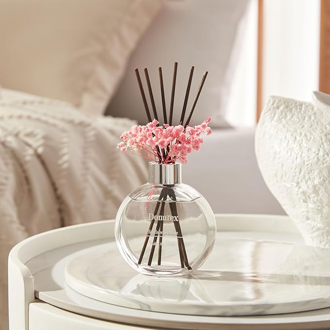 Donurex Flower Reed Diffuser Set 5.07oz Sandalwood Rose Scent Diffuser with Sticks Home Fragrance Reed Diffuser for Bathroom Shelf Decor