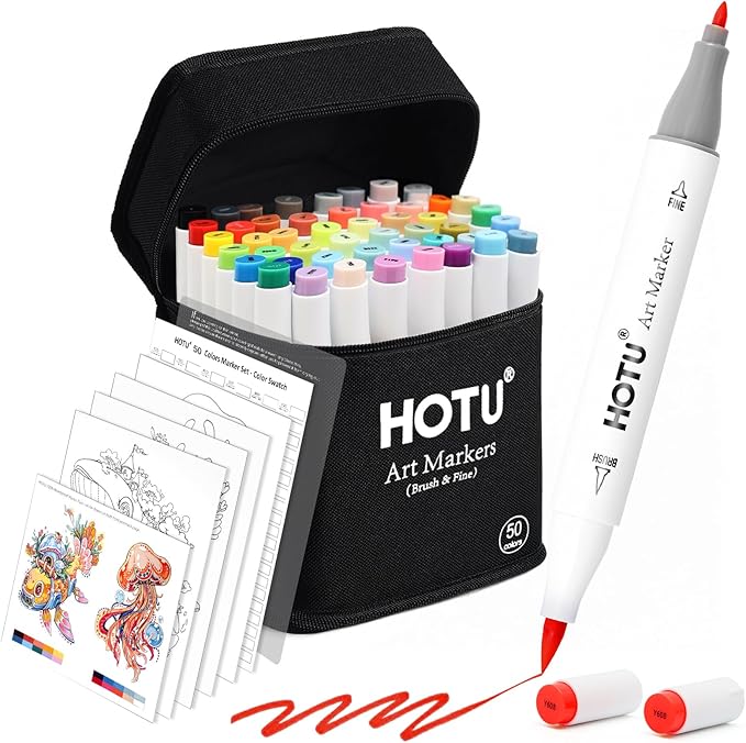 HOTU Alcohol Markers Brush and Fine Tip 50 Colors Dual Tips Art Marker Set Alcohol-based Sketch Pens with Carrying Case，Non-Bleeding Pad for Art Enthusiast Adults Coloring Illustration