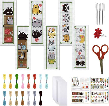 FREEBLOSS 6 Set Cross Stitch Bookmark Kit Counted Cross Stitch Kit Embroidery Bookmarks with Instruction Cartoon Cat Embroidery Kit for Beginners Adults 8''x2.4''