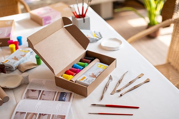 Jovi - DIY Air Dry Kit & Clips - Pottery Kit for Adults, Making Photo Holder with White Air Dry Clay + Paints, Sculpting Tools, Step-by-Step Guide and Video Tutorial, Starter Set for Beginners