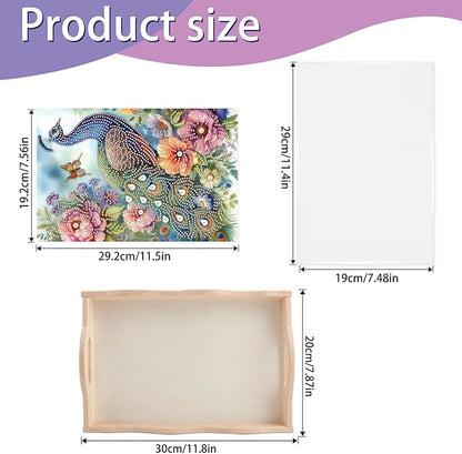 JISHSHAY Diamond Art Serving Tray Diamond Painting Food Tray Gem Art Serving Platter Gem Painting Mosaic Kits for Adults DIY Kits for Adults, with Wood Handle 20×30cm/7.87×11.81in, Peacock