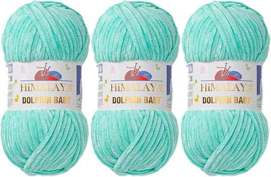3 Skein/Pack Himalaya Dolphin Baby Chenille Yarn, Each Ball 100 gr (3.5 oz), 120 m (132 Yards), 100% Polyester, Super Bulky Baby Blanket Velvet Amigurumi Yarn, 80345 - Mint Green